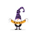 Halloween gnome. Cute scandinavian dwarf with garland. Dwarf celebrate spooky night. Happy holiday poster. Vector