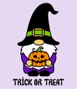 Halloween gnome with pumpkin. Cute cartoon character in a wizard hat