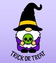 Halloween gnome with skull. Trick or treat. Cute cartoon character in a wizard hat