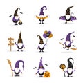 Halloween gnomes. Cute scandinavian elves collection. Dwarf celebrate spooky night. Happy holiday characters. Vector