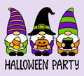 Halloween gnomes with pumpkin, candy corn,pot. Cute cartoon characters. Holidays greeting card