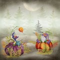 Halloween gnomes sitting on pumpkins on fantasy woodland background. Cute Scandinavian gnomes. Autumn forest, magic moonlight