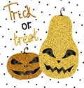 Halloween golden and bronze glitter pumpkins with evil faces and lettering trick or treat on black polka dot background. Vector