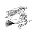 Halloween good girl witch on broom with white cat. Young magician and pet to all saints day. Vector black white sketch Royalty Free Stock Photo
