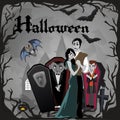 Halloween gothic party with vampire couple, fun background for horror invitation on vamp cosplay, dracula teeth and