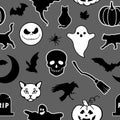 Halloween gothic seamless pattern made up of pumpkins, crows, bats, cats, graves, skulls, ghosts and brooms.