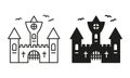 Halloween Gothic Spooky Castle Pictogram Set. Vampire Dracula Scary Castle Line and Silhouette Black Icons. Dark Old Royalty Free Stock Photo