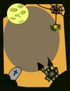 Halloween graphics in a frame consisting of moon, spiders, webs, scary castles. and gravestones cemetery, yellow, orange, black