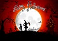 Halloween grave on full moon background with a little girls Royalty Free Stock Photo