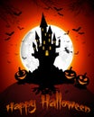 Halloween grave on full moon background pumpkins, hand, scary house and bats Royalty Free Stock Photo