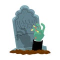 Halloween. Grave And Hand Of Zombie. Gravestone And Arm Dead Man