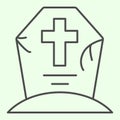 Halloween grave thin line icon. Cemetery with cross outline style pictogram on white background. Creepy tombstone with