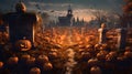 Halloween graveyad with pumkins. AI generated