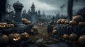 Halloween graveyad with pumkins. AI generated