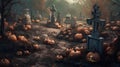 Halloween graveyad with pumkins. AI generated