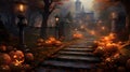 Halloween graveyad with pumkins. AI generated