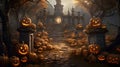 Halloween graveyad with pumkins. AI generated