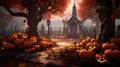 Halloween graveyad with pumkins. AI generated