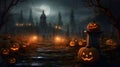 Halloween graveyad with pumkins. AI generated