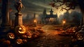 Halloween graveyad with pumkins. AI generated