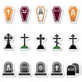 Halloween, graveyard icons set - coffin, cross, grave