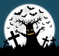Halloween Illustration with Scary Old Tree in Cemetery Royalty Free Stock Photo