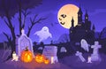 Halloween graveyard scene. Haunting nightmare hallowen background, cartoon horror castle scenery scary ghost at tomb Royalty Free Stock Photo