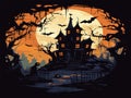 Halloween vector graveyard scene. Haunting nightmare hallowen background, cartoon horror castle scenery scary ghost at Royalty Free Stock Photo