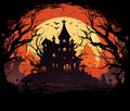 Halloween vector graveyard scene. Haunting nightmare hallowen background, cartoon horror castle scenery scary ghost at Royalty Free Stock Photo