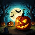 Halloween graveyard scene with pumpkins. Haunting nightmare halloween Royalty Free Stock Photo