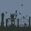 Halloween graveyard silhouette poster. Spooky cemetery silhouettes, scary halloween decoration with scary gravestones, trees and