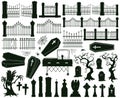 Halloween graveyard silhouettes. Creepy gravestones, tombstones and scary fences vector illustration set. Halloween