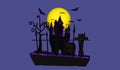 Halloween at graveyard with spooky night in haunted graveyard and bats fly on night background Royalty Free Stock Photo