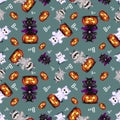 Halloween gray seamless pattern with ghosts, mummies, vampires and pumpkins