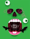 Halloween green background with paper bats,skull face with jumped out eyes.