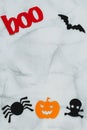 Halloween greeting card, background, decoration frame. Top view, gray mockup. Text space. Holiday banner. Royalty Free Stock Photo