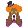 Halloween greeting card. Basset Hound dog dressed as a scary clown