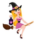 Halloween greeting card. Beautiful lady witch flying on broom