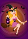 Halloween greeting card. Beautiful lady witch flying on broom an