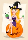 Halloween greeting card. Beautiful lady witch wearing pilgrim ha