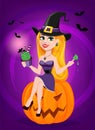 Halloween greeting card. Beautiful lady witch wearing pilgrim ha