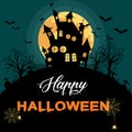 Halloween greeting card. castle near cemetery. flying bats and moon. vector