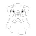 Halloween greeting card for coloring. Boxer dog dressed as a ghost