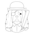 Halloween greeting card for coloring. Cavalier King Charles Spaniel dog with hat, patch, shirt with suspenders, and baseball bat