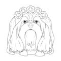 Halloween greeting card for coloring. Lhasa Apso dog dressed as a ghost with purple flowers on his head and a wedding veil