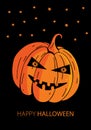 Halloween greeting card in . Cute doodles for Halloween Party with fun and scary orange pumpkin and night sky with stars and Royalty Free Stock Photo