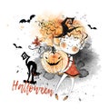 Halloween greeting card with a cute little witch holding a big pumpkin. Watercolor graphics. Vector Royalty Free Stock Photo