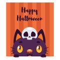 Halloween greeting card with a cute peeking black cat