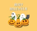 Halloween greeting card. Cute pumpkins and ghosts, party invitation or holiday banner design, vector illustration