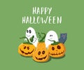 Halloween greeting card. Cute pumpkins and ghosts, party invitation or holiday banner design, vector illustration